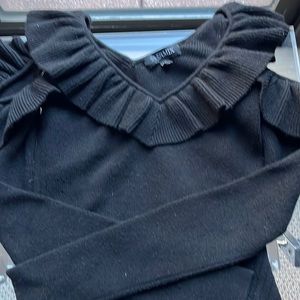 Intermix wool/cashmere ruffle cold shoulder sweater